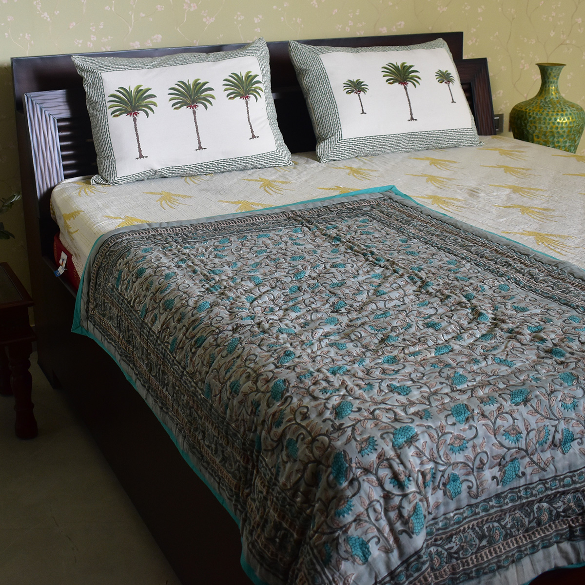 Hand Block Printed Baby Quilt Jaipur Razai Blue Flower Gud 801419