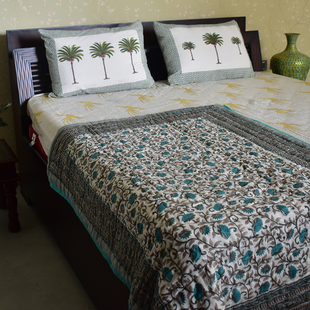 Hand Block Printed Baby Quilt Jaipur Razai Blue Flower Gud 801419