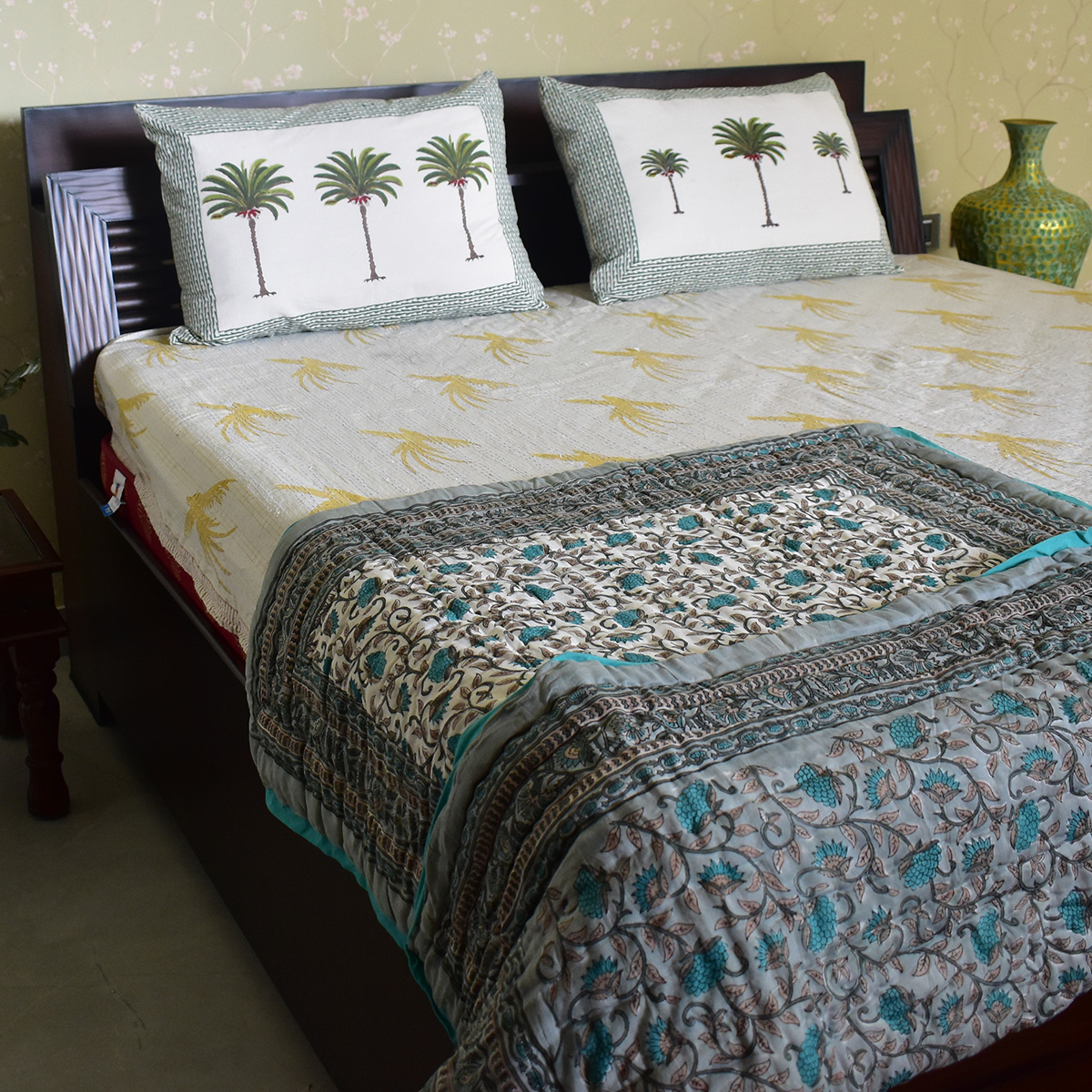 Hand Block Printed Baby Quilt Jaipur Razai  Blue Flower Gud 801419