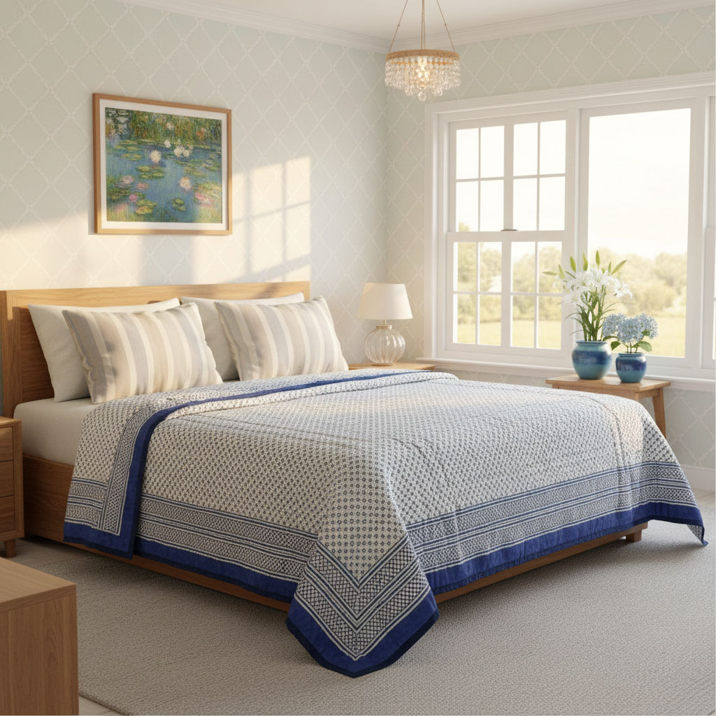 Hand Block Printed Cotton Queen Size Quilt 808181