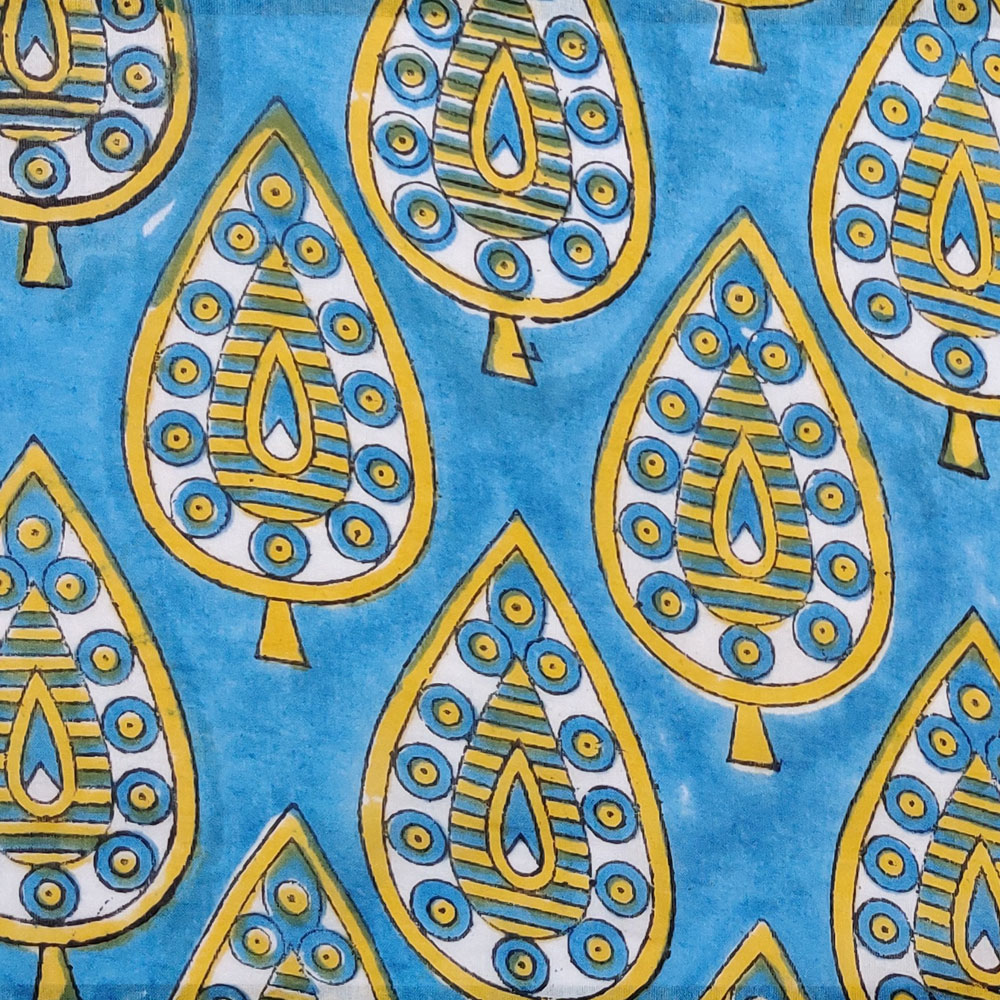 5 Yard Running Fabric Hand Block Printed Cotton Voile Fabric Gola Patti Aqua 202301