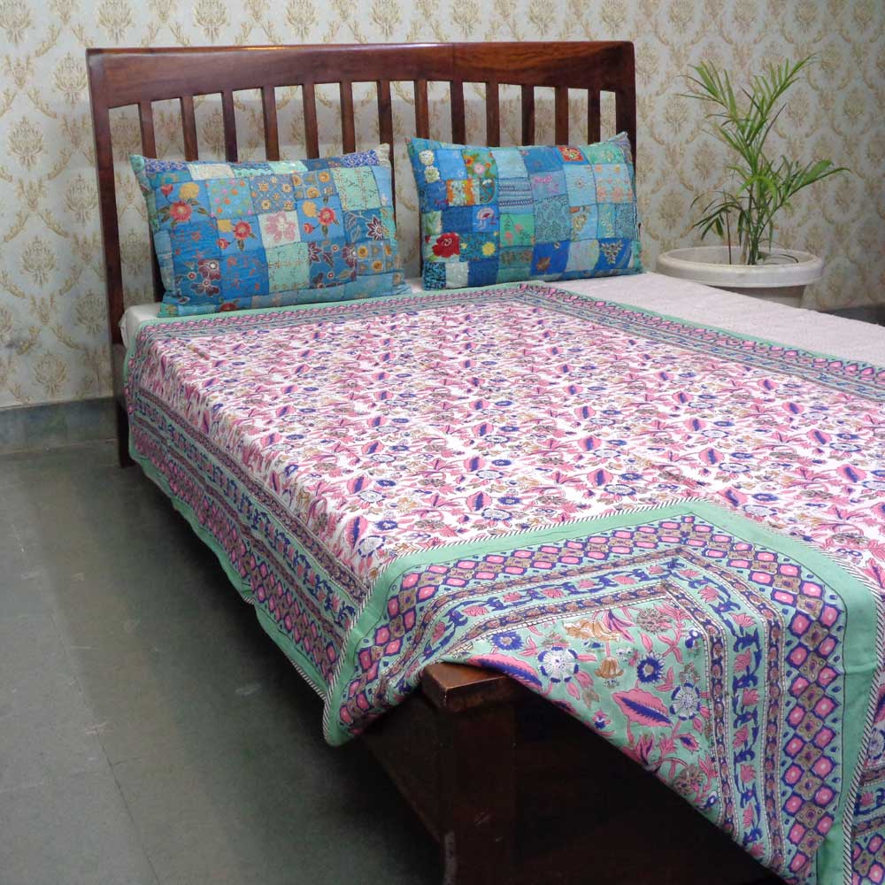 Hand Block Printed Cotton Twin Size Dohar Wild Flower Ocean 205629