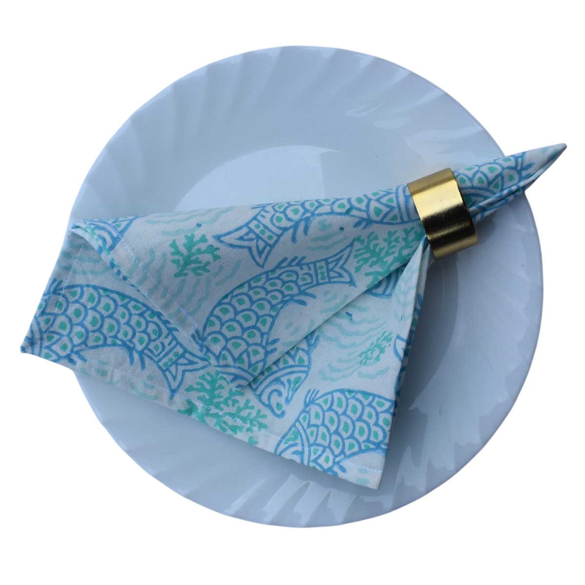 Hand Block Printed Cotton Napkin 45x45 cms Set of 4 Napkins African Fish Blue Mist 260713