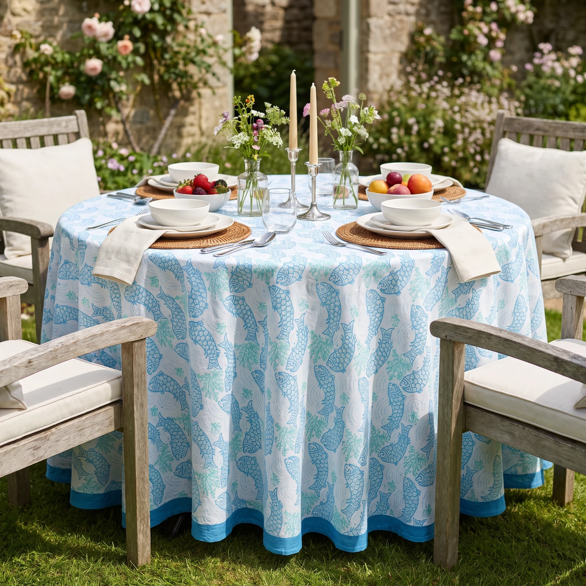 Round 220 cms Cotton French Design Table Cover African Fish Blue Mist 260713