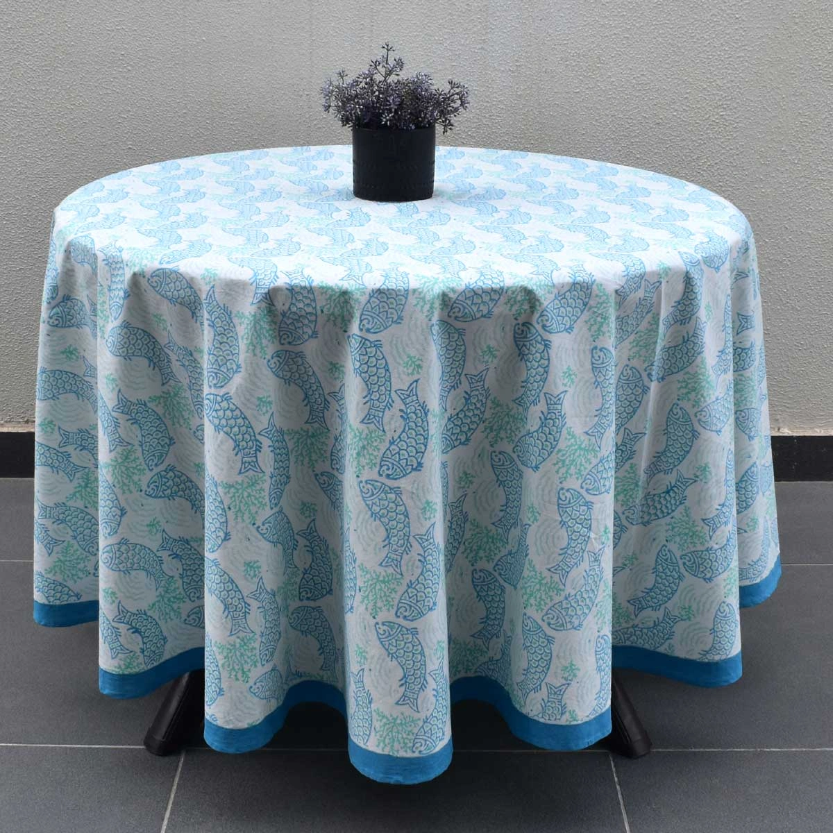 Round 220 cms Cotton French Design Table Cover African Fish Blue Mist 260713