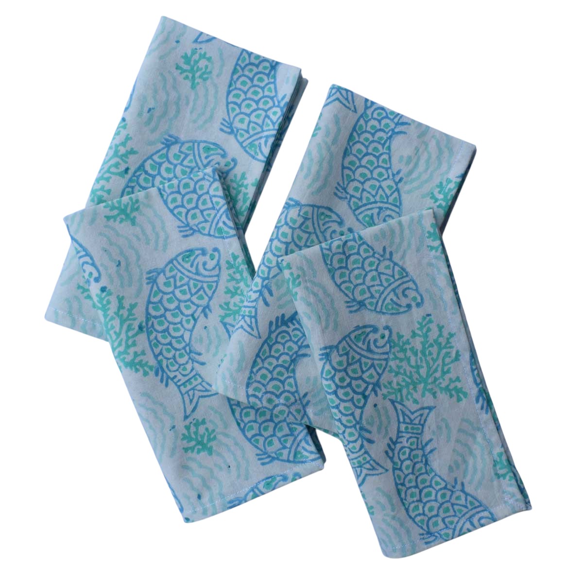 Hand Block Printed Cotton Napkin 45x45 cms Set of 4 Napkins African Fish Blue Mist 260713