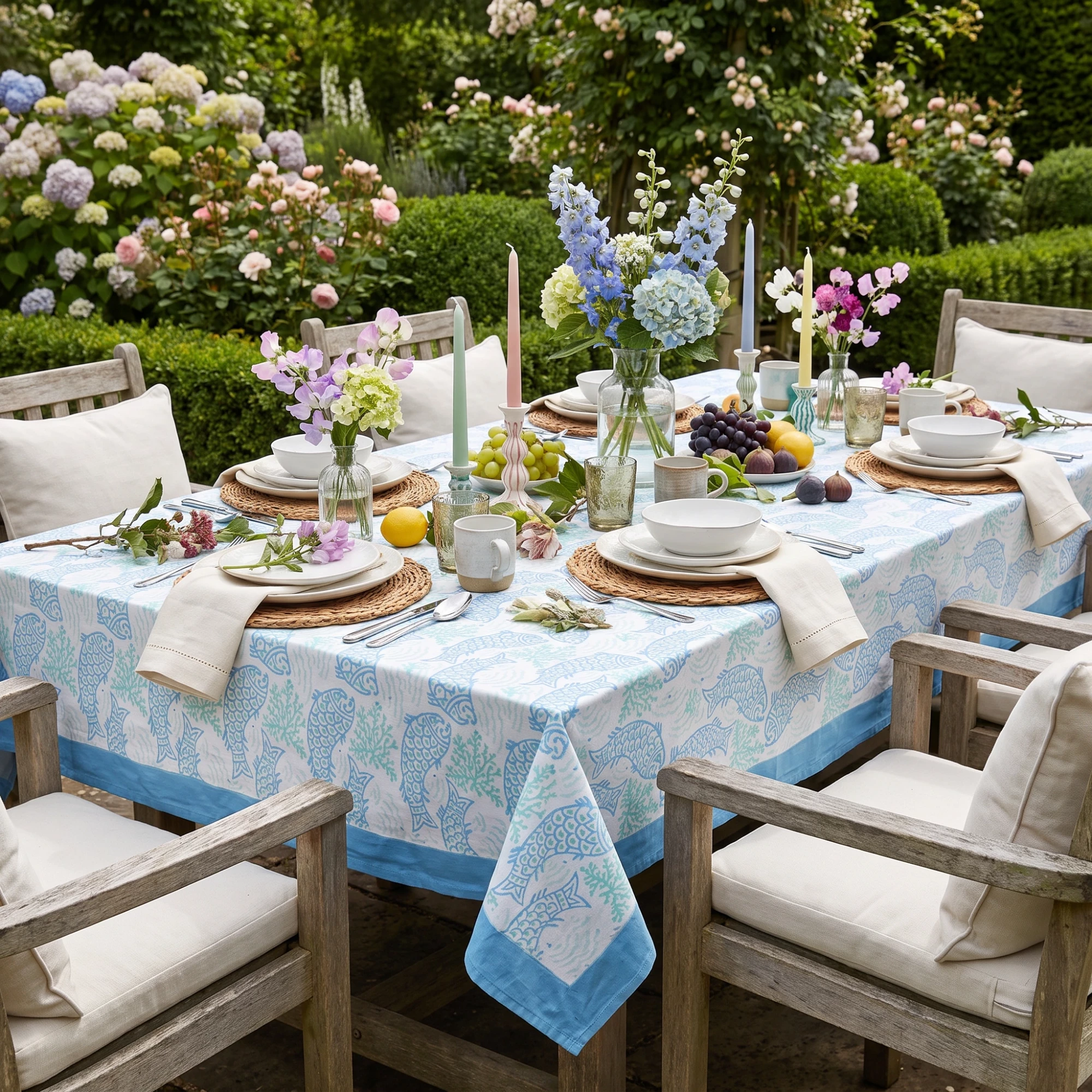 12 Seater Tablecloth 180x340 cms African Fish Blue Mist 260713