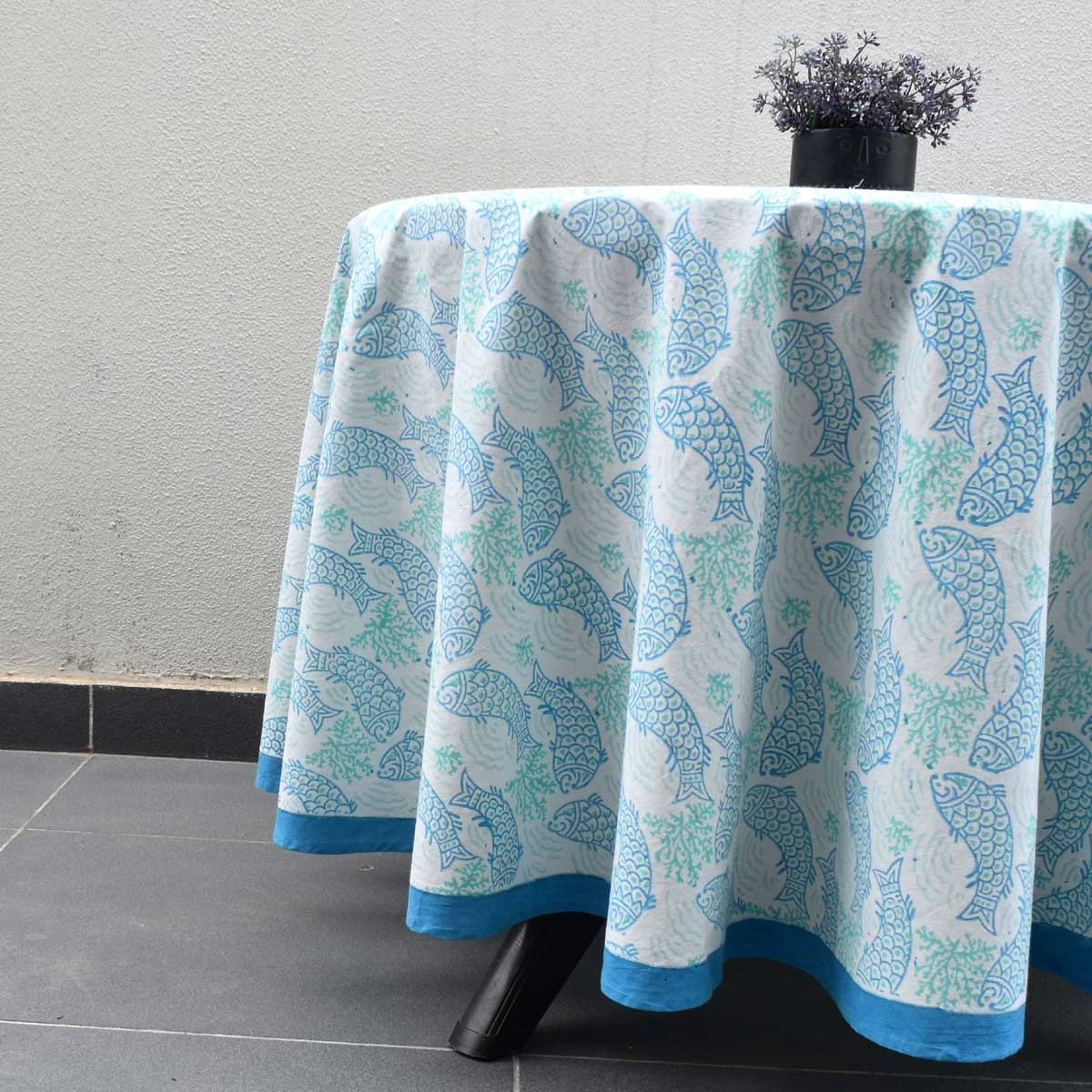 Round 220 cms Cotton French Design Table Cover African Fish Blue Mist 260713