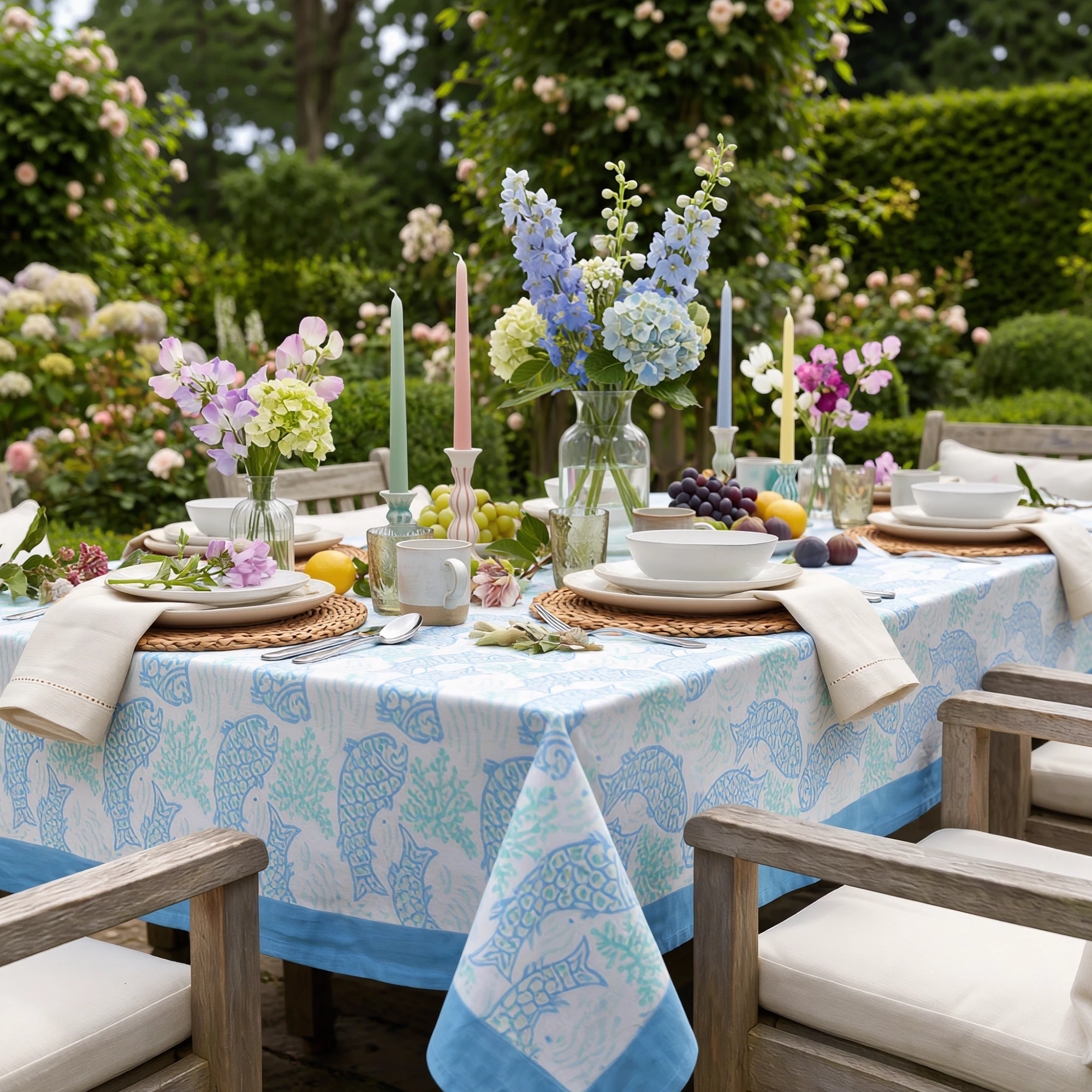 12 Seater Tablecloth 180x340 cms African Fish Blue Mist 260713