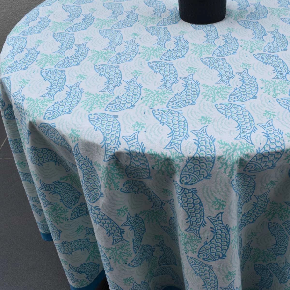 Round 220 cms Cotton French Design Table Cover African Fish Blue Mist 260713