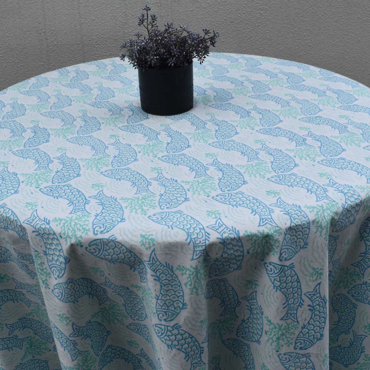 Round 220 cms Cotton French Design Table Cover African Fish Blue Mist 260713