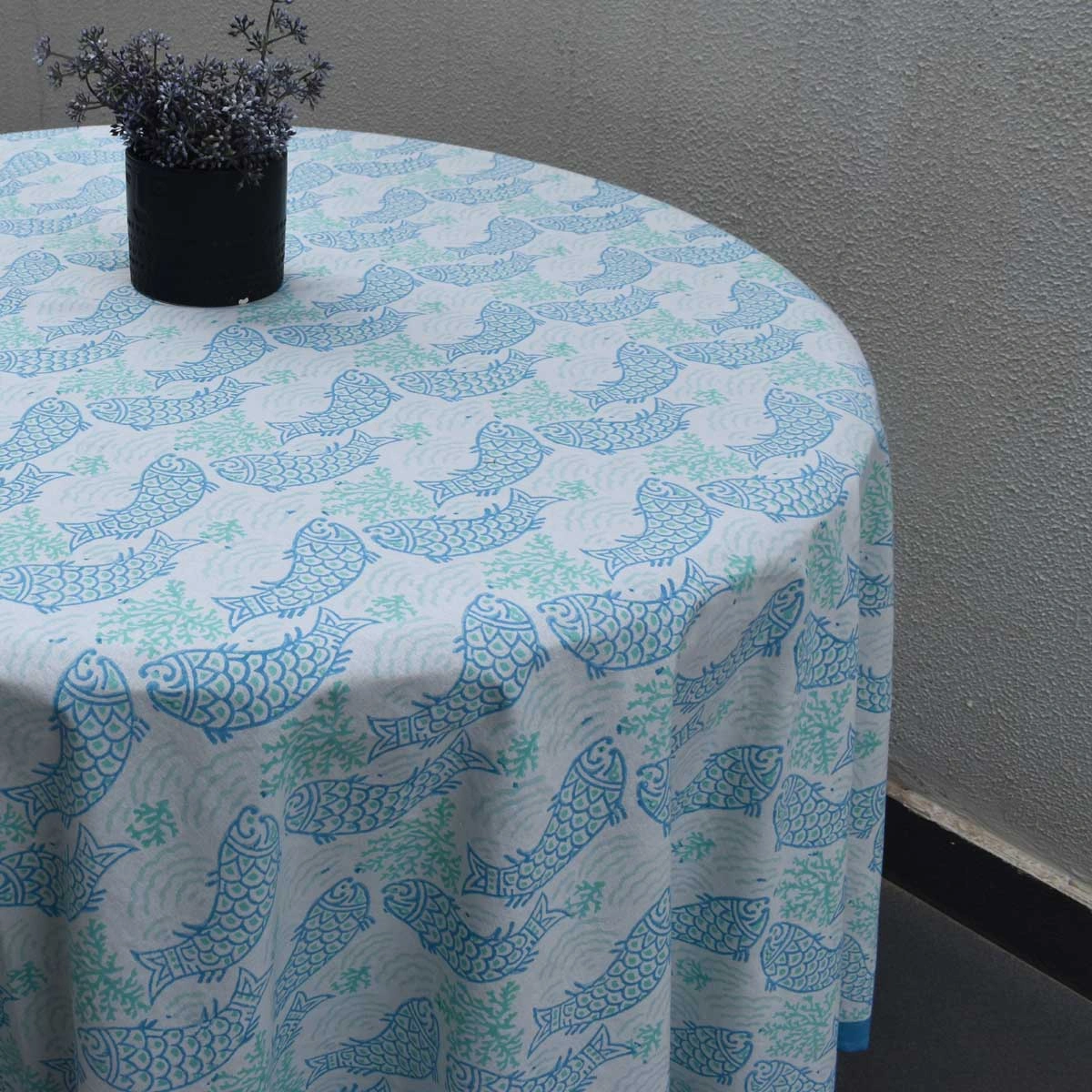 Round 220 cms Cotton French Design Table Cover African Fish Blue Mist 260713