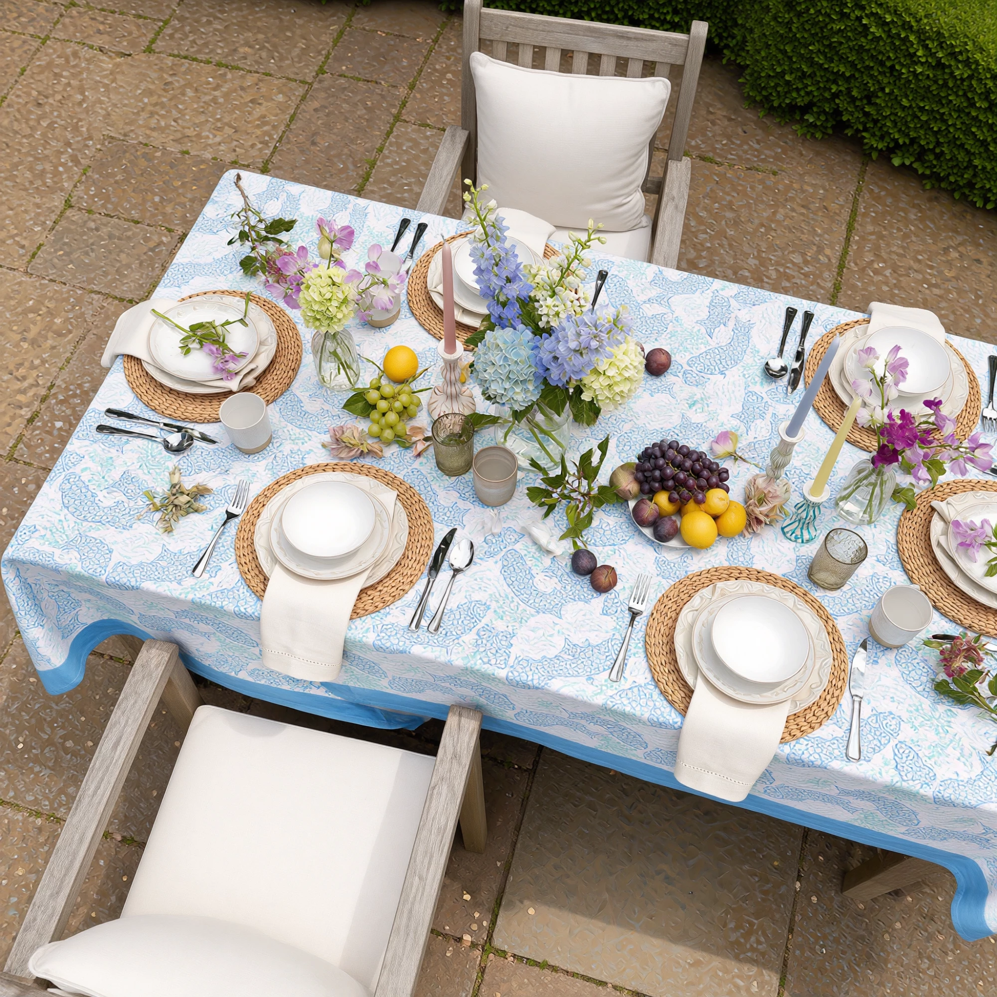 Hand Block Printed Cotton Tablecloth 150x220 cms African Fish Blue Mist 260713