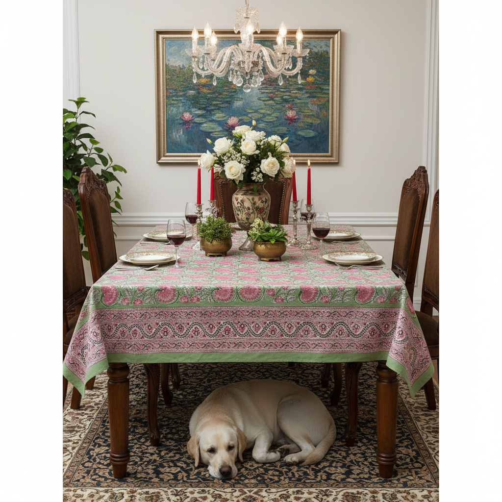 Hand Block Printed Cotton Tablecloth 180x340 cms Kamal Gulabi Gud 206591