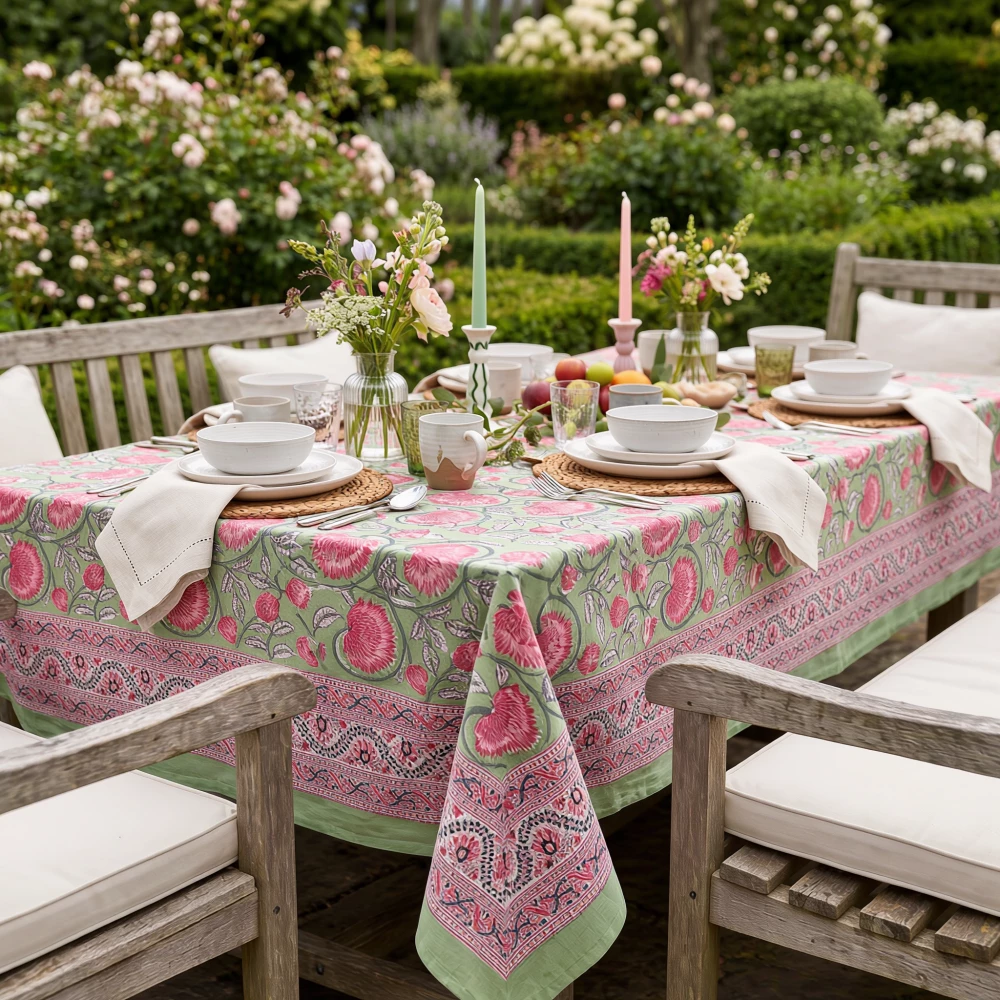 Image of Hand Block Printed Cotton Tablecloth 150x220 cm | Kamal Gulabi Open 103739