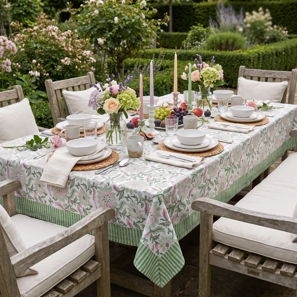 Image of Wood Block Printed Handmade Tablecloth 150x220 cms | Madhubala Green 202526
