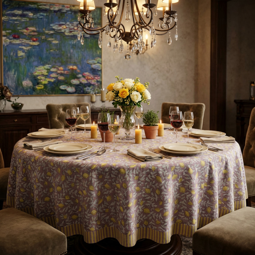 Image of Hand Block Printed Cotton Round Tablecloth 150 cms | Lemon Earth 202404