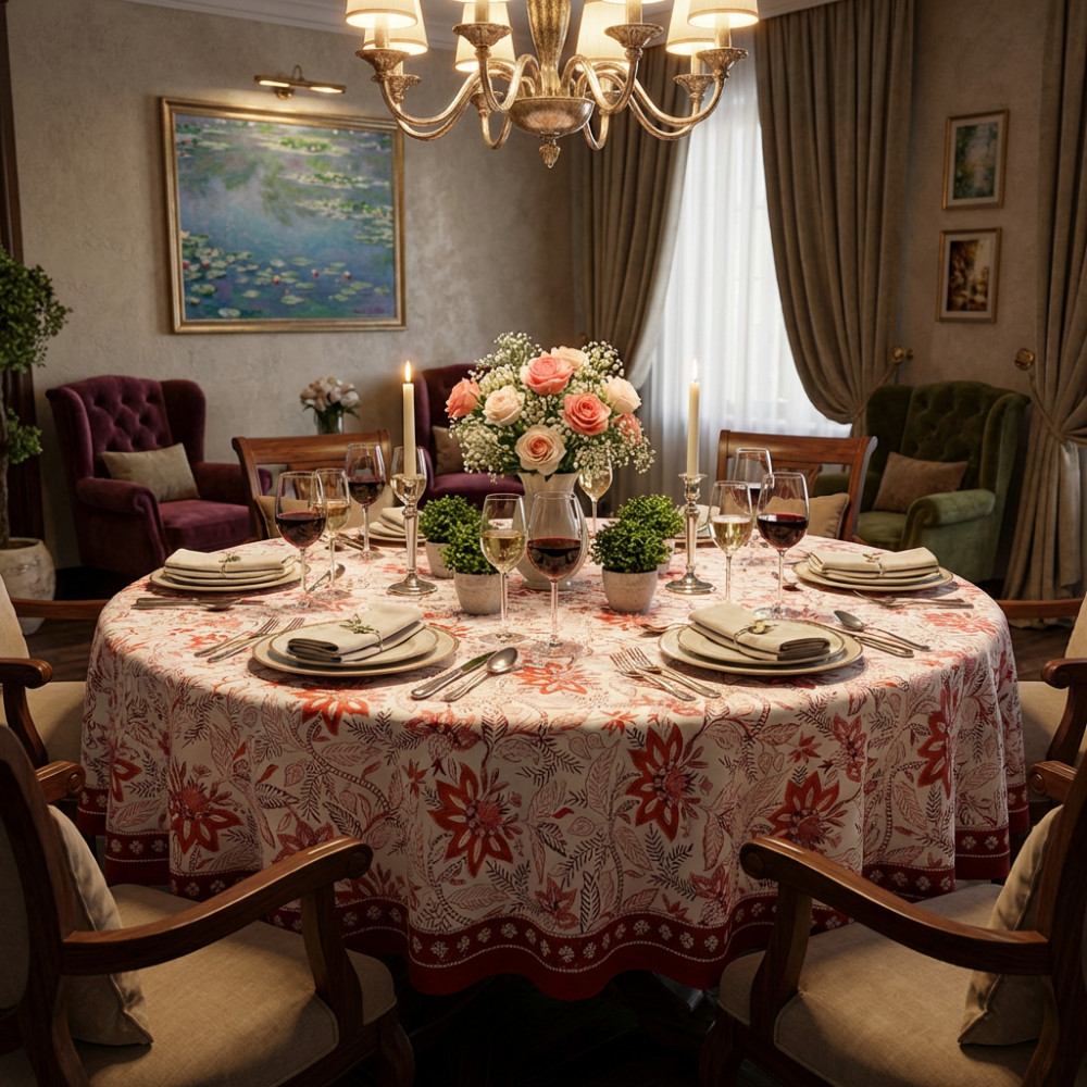 Image of Hand Block Printed Cotton Round Tablecloth 150 cms | Bossanova Red Open 103700