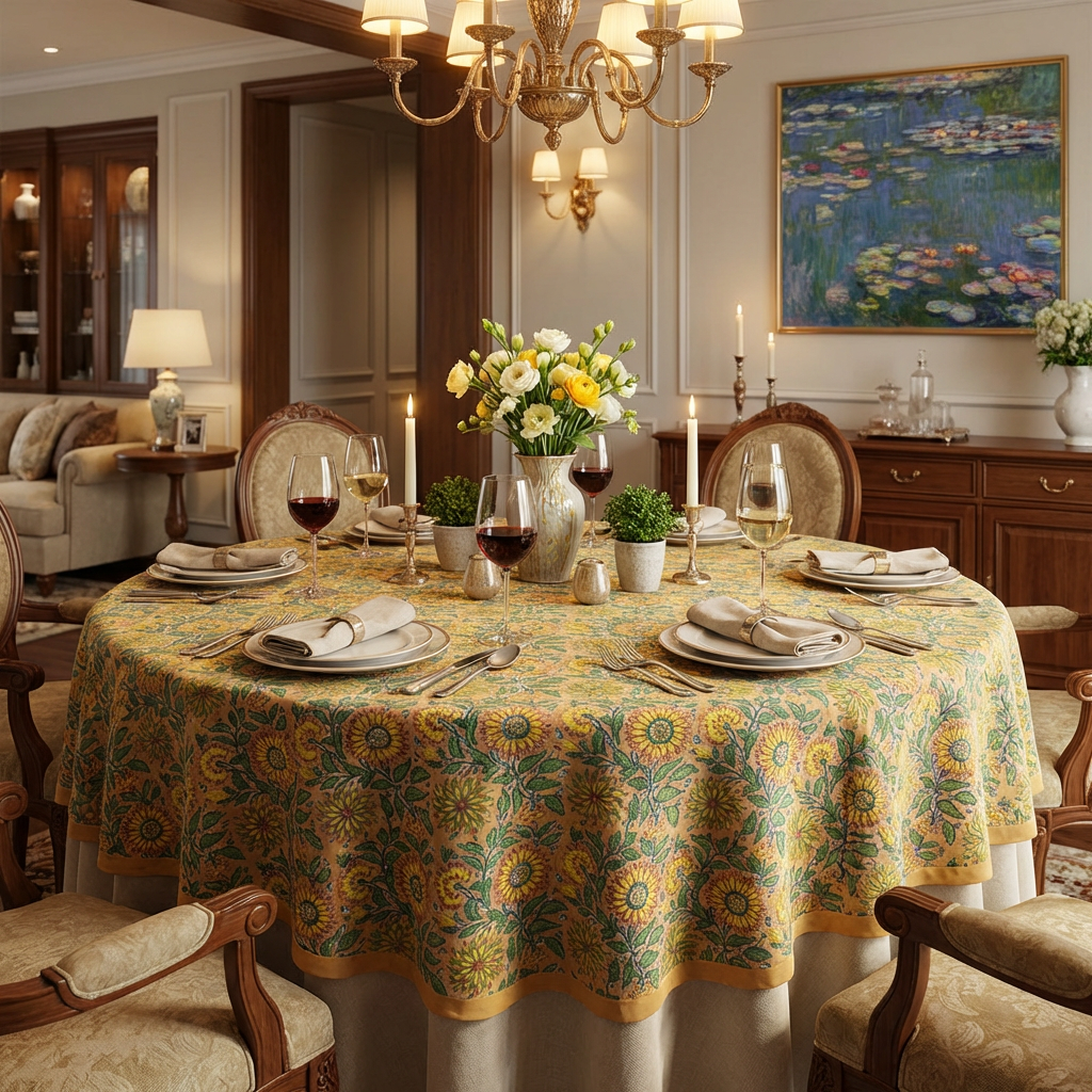 Round  275 cms 100 Cotton Tablecloth  Surajmukhi Canary Gud 102383