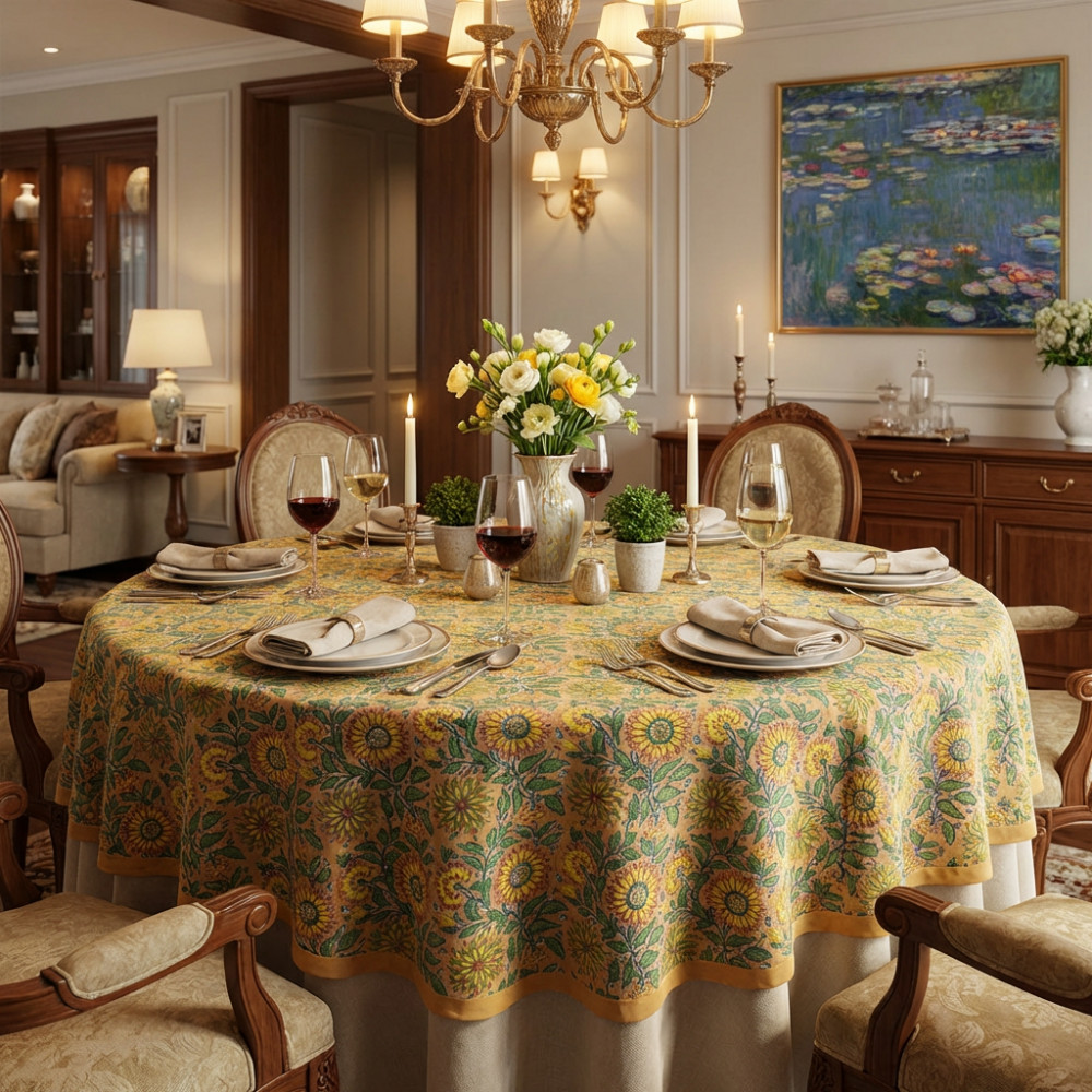 Image of Round  275 cms 100% Cotton Tablecloth | Surajmukhi Canary Gud 102383