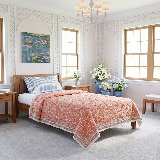 Hand Block Printed Cotton Twin Size Quilt Harmony Peach Fill 260415