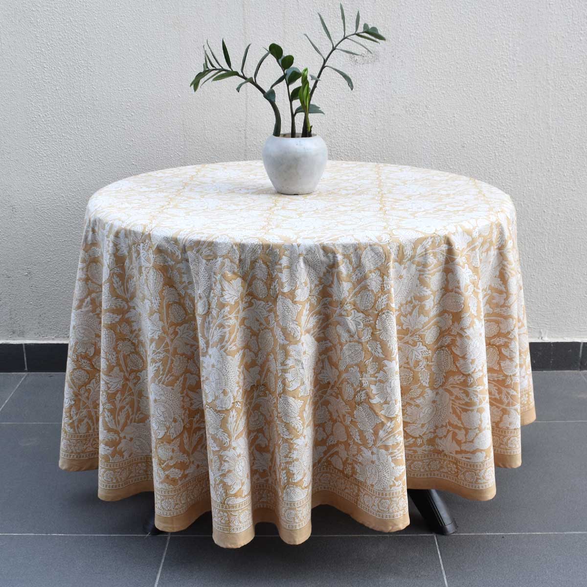 Hand Block Printed Cotton Round Tablecloth 220 cms Amarnath Beige Gud 207851
