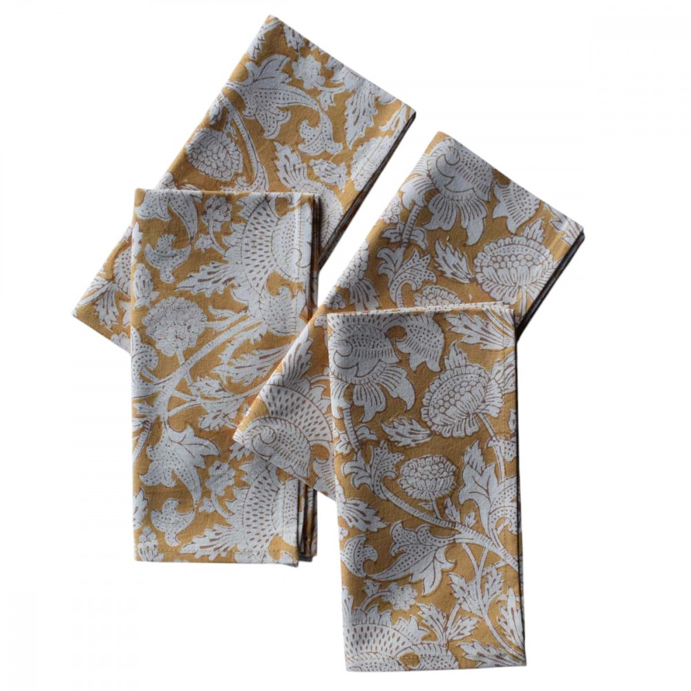 Image of Hand Block Printed Cotton Napkin 45x45 (Set of 4 Napkins) | Amarnath Beige Gud 207851