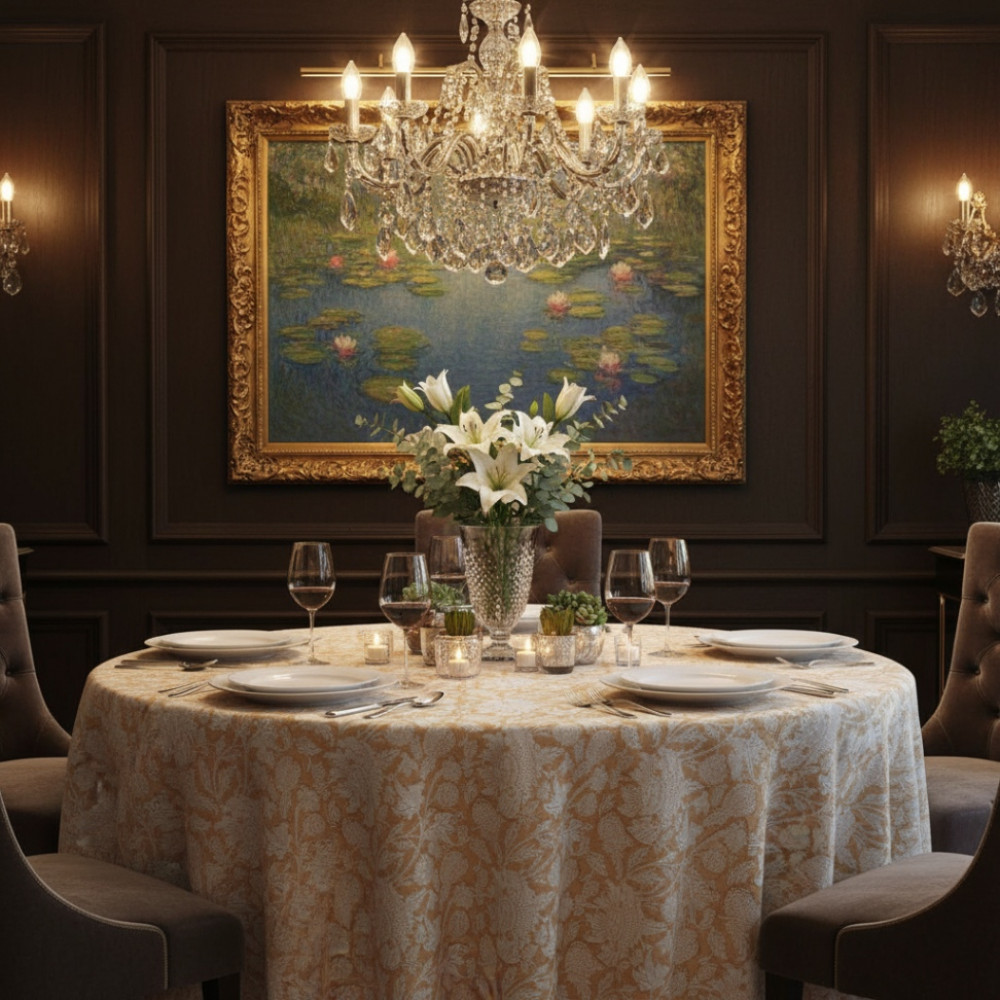 Image of Hand Block Printed Cotton Round Tablecloth 220 cms | Amarnath Beige Gud 207851