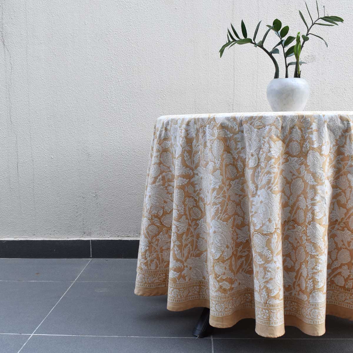 Hand Block Printed Cotton Round Tablecloth 220 cms Amarnath Beige Gud 207851