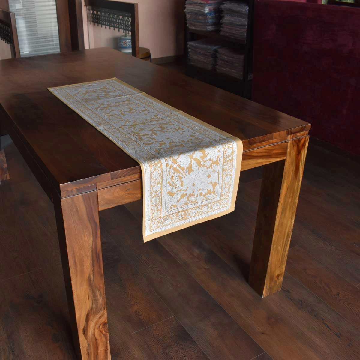 Hand Block Printed Cotton Canvas Table Runner 33x120 cms Amarnath Beige Gud 207851