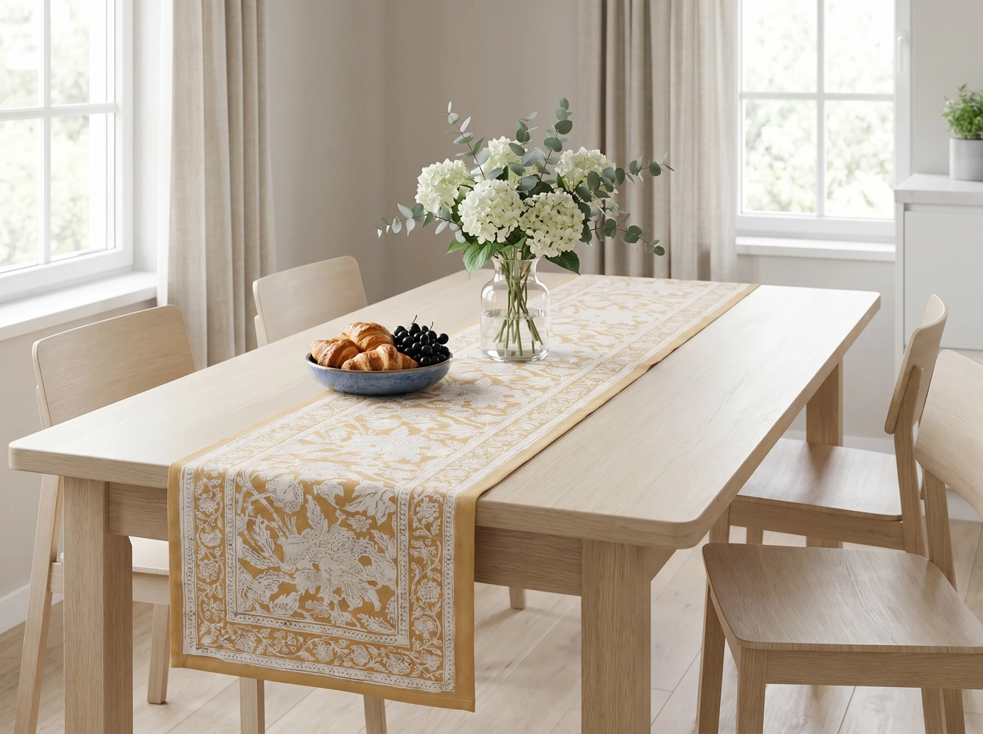Hand Block Printed Cotton Canvas Table Runner 33x120 cms Amarnath Beige Gud 207851
