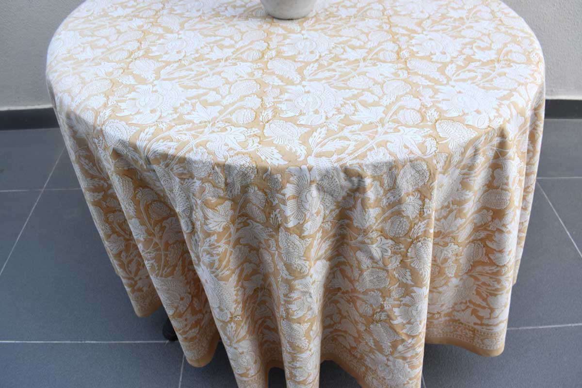 Hand Block Printed Cotton Round Tablecloth 220 cms Amarnath Beige Gud 207851