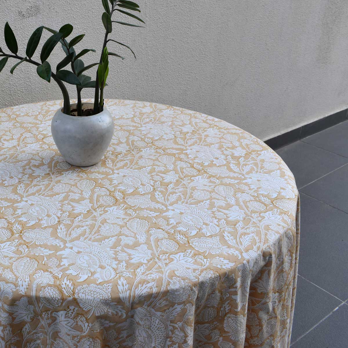 Hand Block Printed Cotton Round Tablecloth 220 cms Amarnath Beige Gud 207851