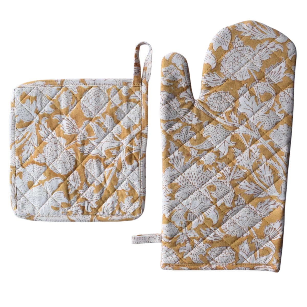 Artisan-Made Hand Block Printed Oven Mitt and Pot Holder Set Amarnath Beige Gud 207851