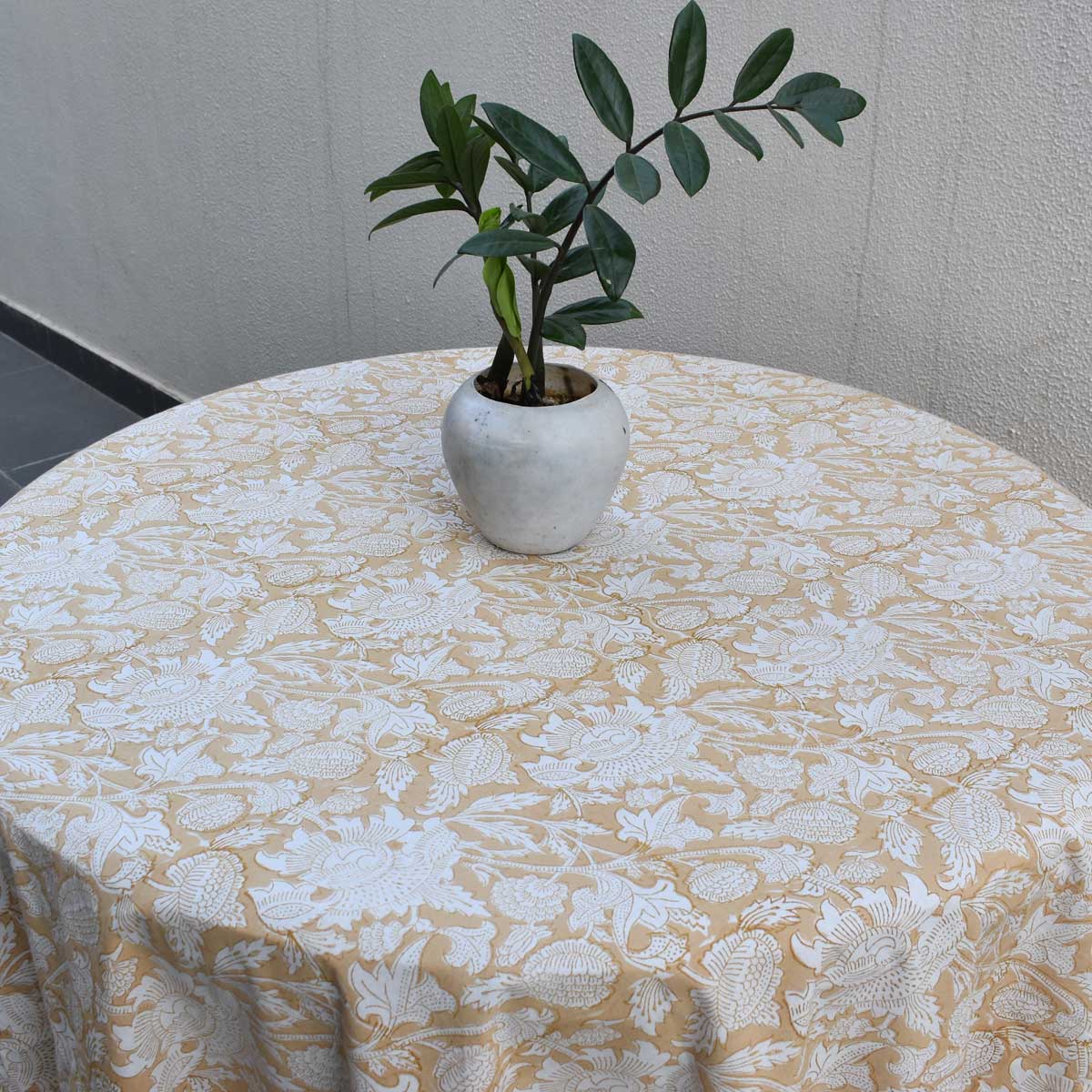 Hand Block Printed Cotton Round Tablecloth 220 cms Amarnath Beige Gud 207851