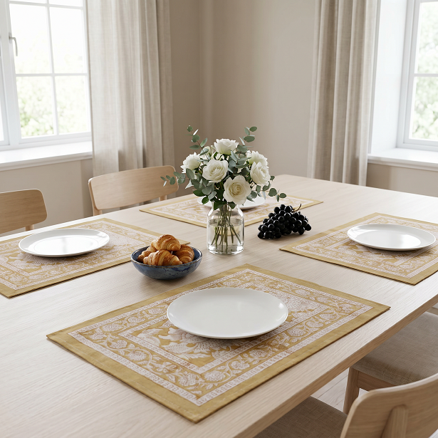 Hand Block Printed Cotton Canvas Table Mat 32x48 cms Set of 2 Table mats Amarnath Beige Gud 207851