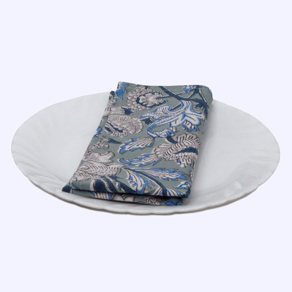 Hand Block Printed Cotton Napkin 45x45 Set of 4 Napkins Amarnath Grey Gud 108994