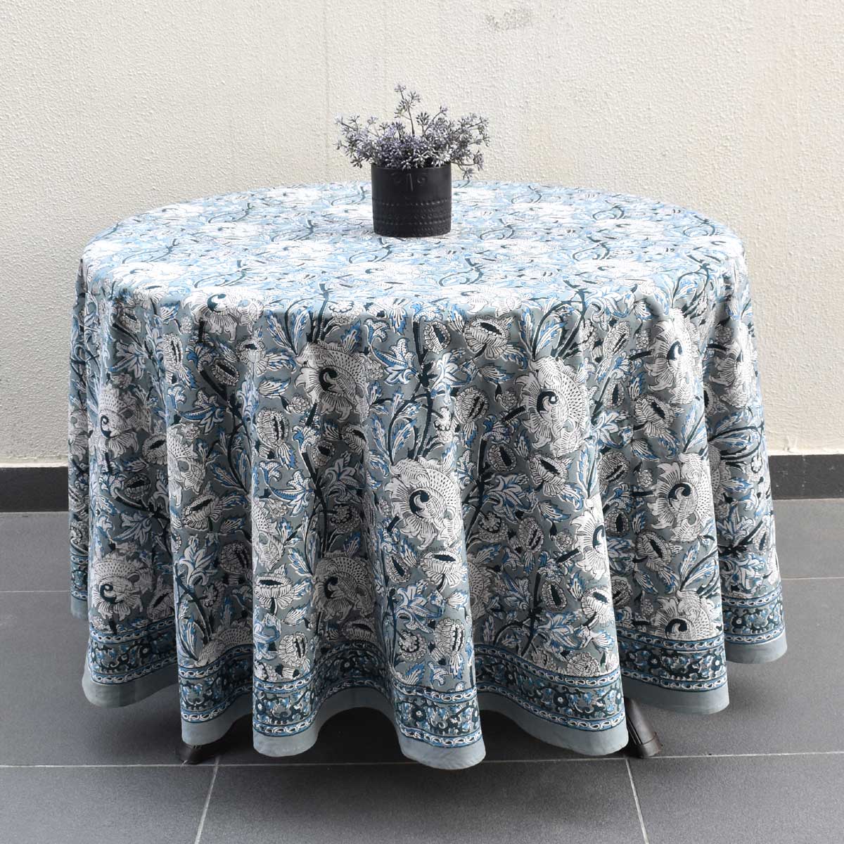 Hand Block Printed Cotton Round Tablecloth 150 cms Amarnath Grey Gud 108994