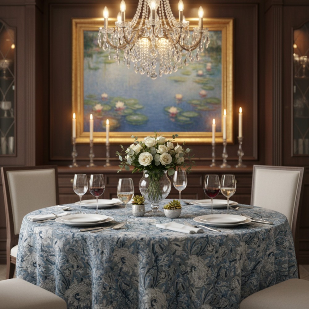 Image of Hand Block Printed Cotton Round Tablecloth 150 cms | Amarnath Grey Gud 108994