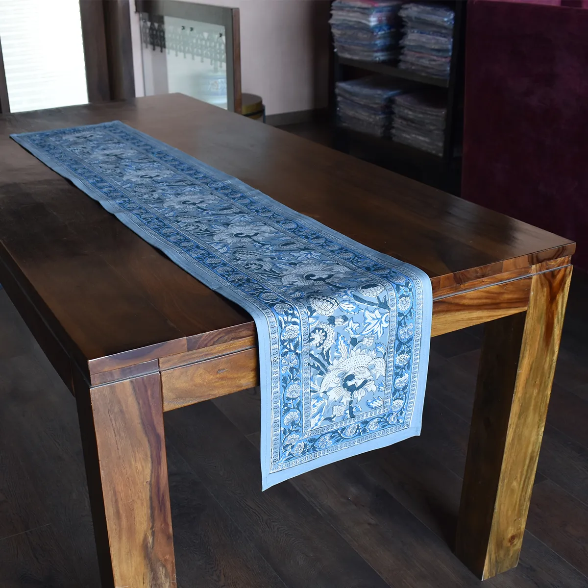 Hand Block Printed Cotton Canvas Table Runner 33x170 cms Amarnath Grey Gud 108994