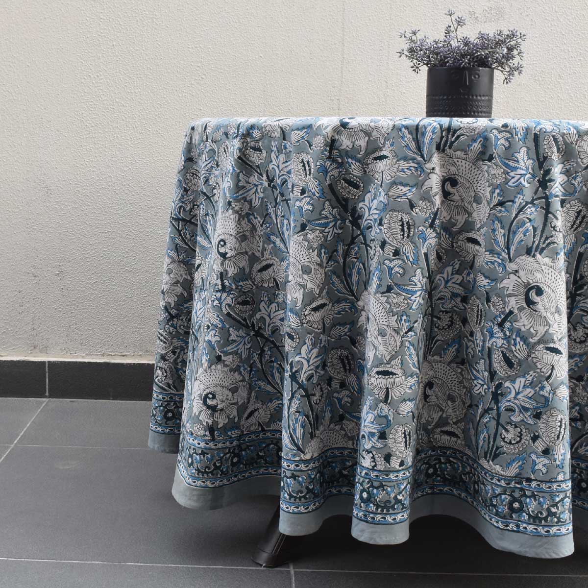 Hand Block Printed Cotton Round Tablecloth 150 cms Amarnath Grey Gud 108994