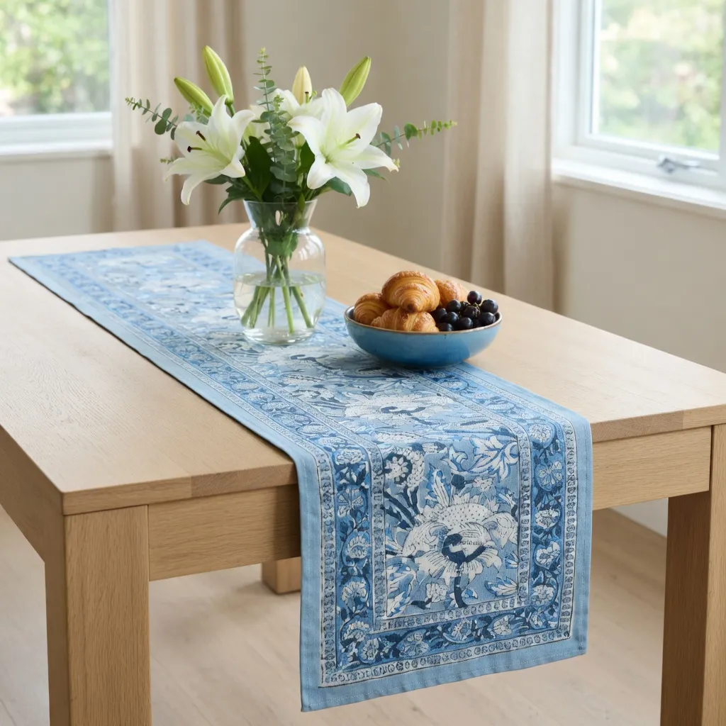 Hand Block Printed Cotton Canvas Table Runner 33x170 cms Amarnath Grey Gud 108994