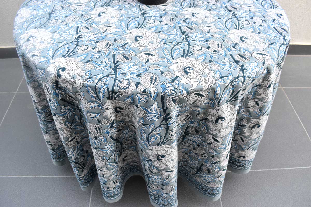 Hand Block Printed Cotton Round Tablecloth 150 cms Amarnath Grey Gud 108994