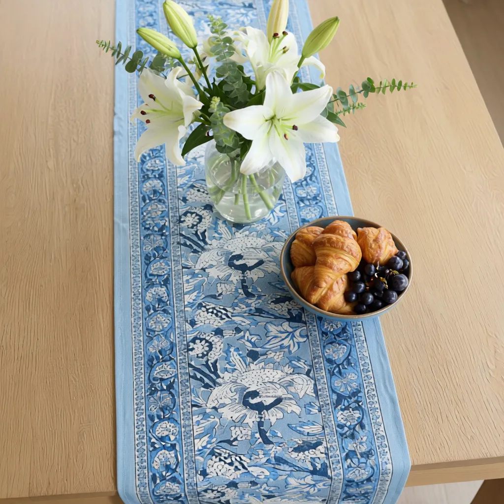 Hand Block Printed Cotton Canvas Table Runner 33x120 cms Amarnath Grey Gud 108994