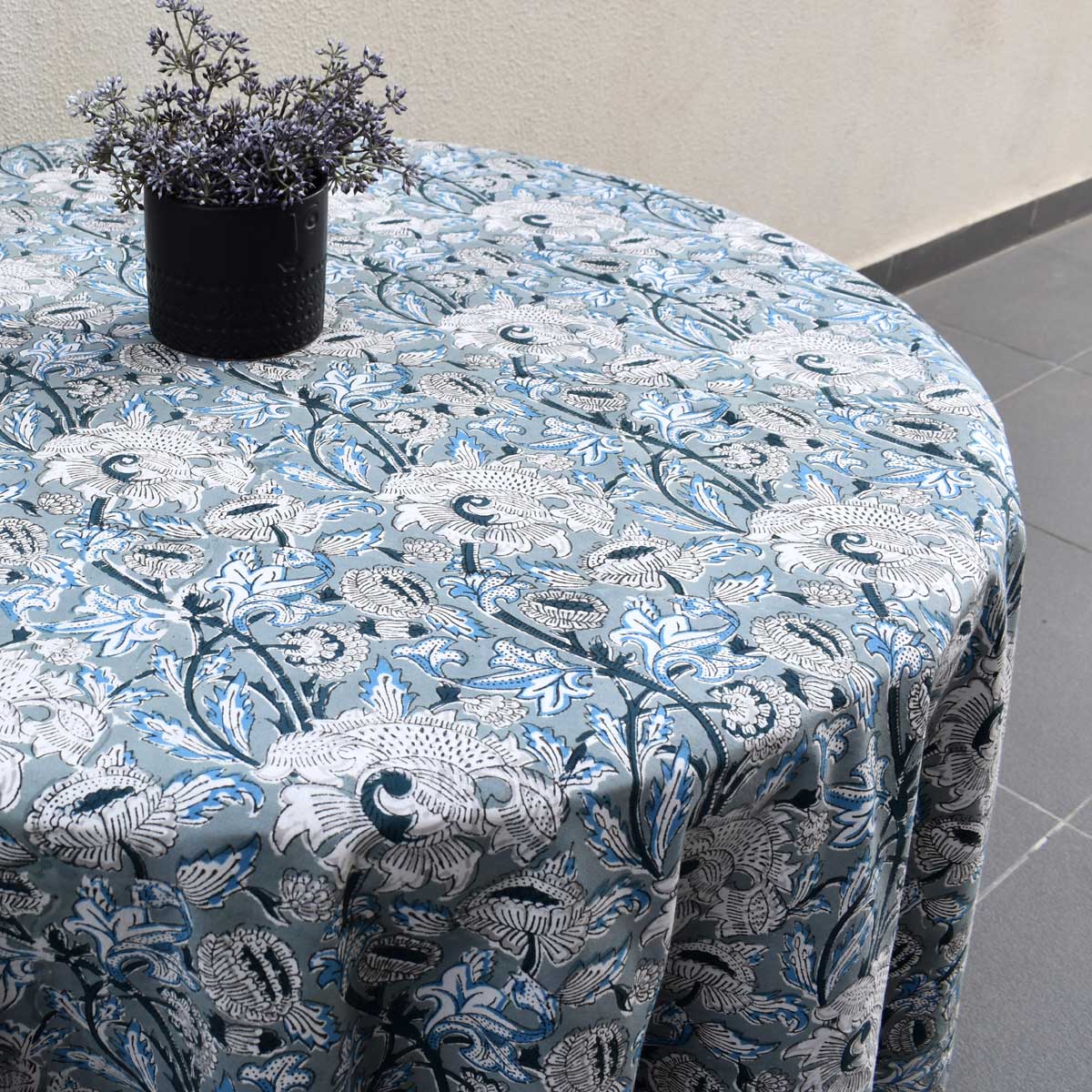 Hand Block Printed Cotton Round Tablecloth 150 cms Amarnath Grey Gud 108994