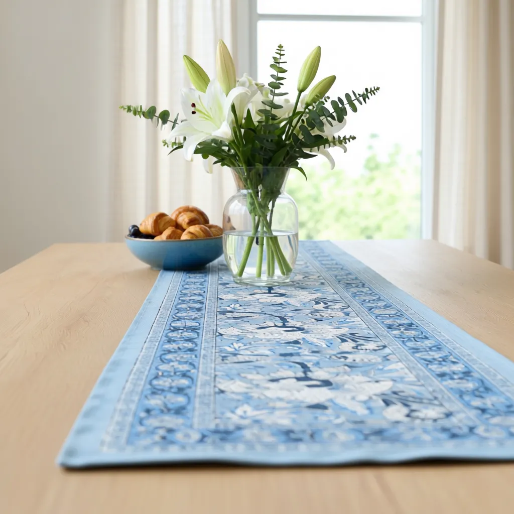 Hand Block Printed Cotton Canvas Table Runner 33x170 cms Amarnath Grey Gud 108994