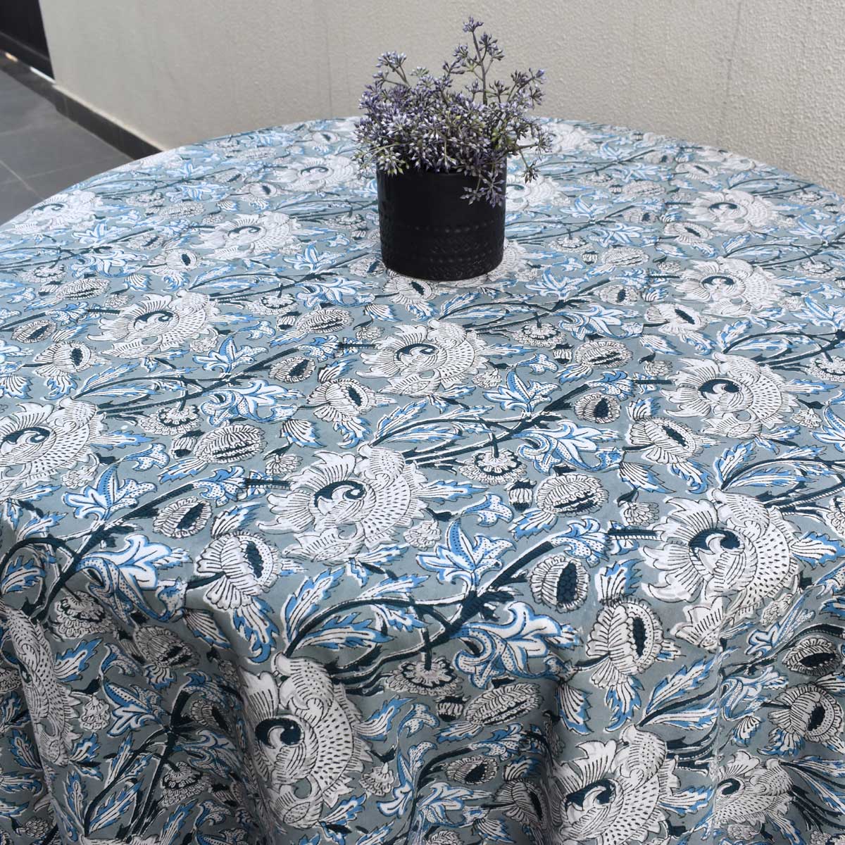 Hand Block Printed Cotton Round Tablecloth 150 cms Amarnath Grey Gud 108994