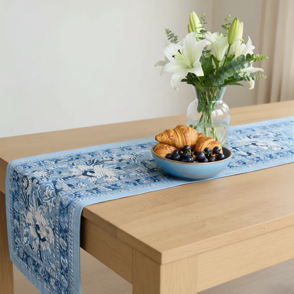 Hand Block Printed Cotton Canvas Table Runner 33x170 cms Amarnath Grey Gud 108994