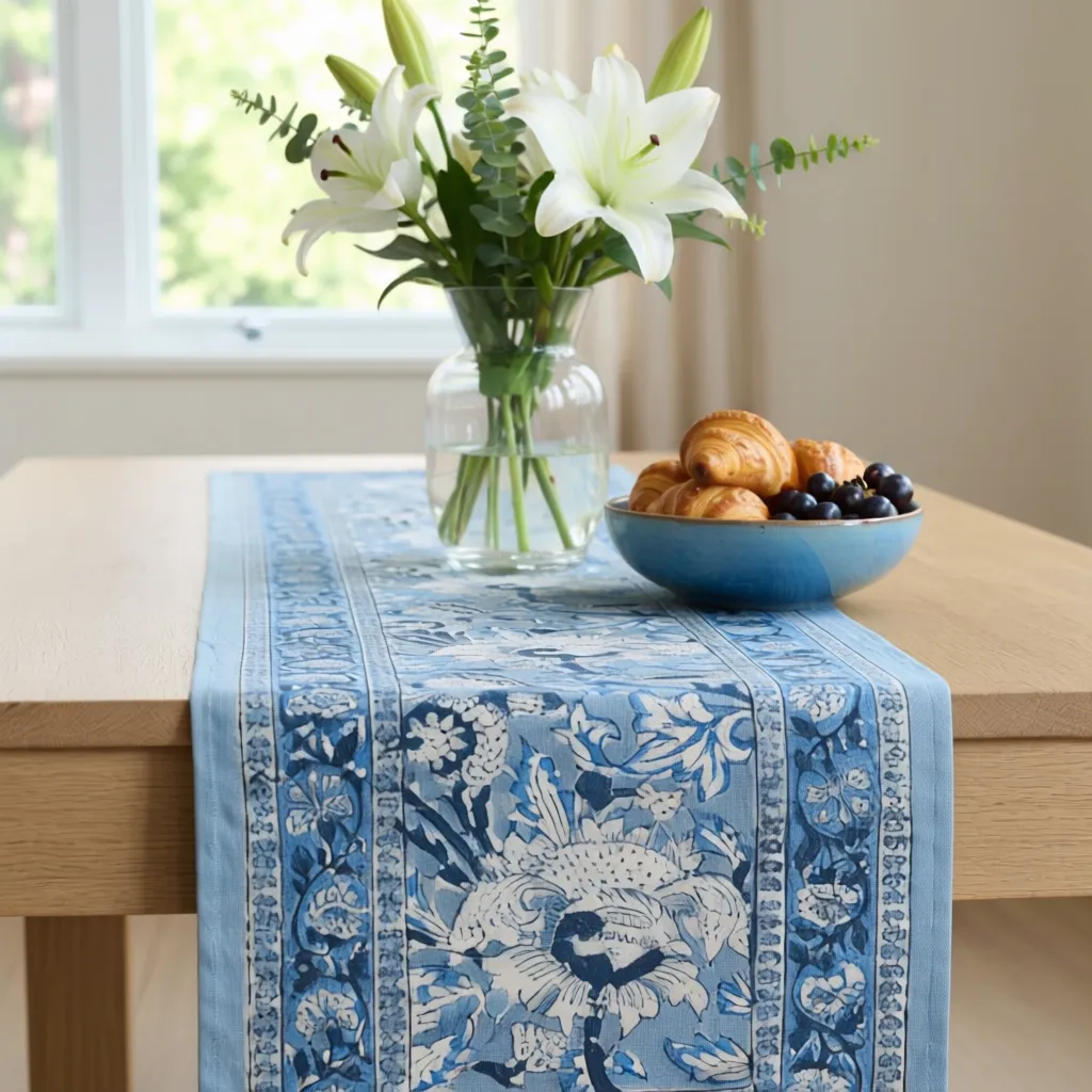 Hand Block Printed Cotton Canvas Table Runner 33x170 cms Amarnath Grey Gud 108994
