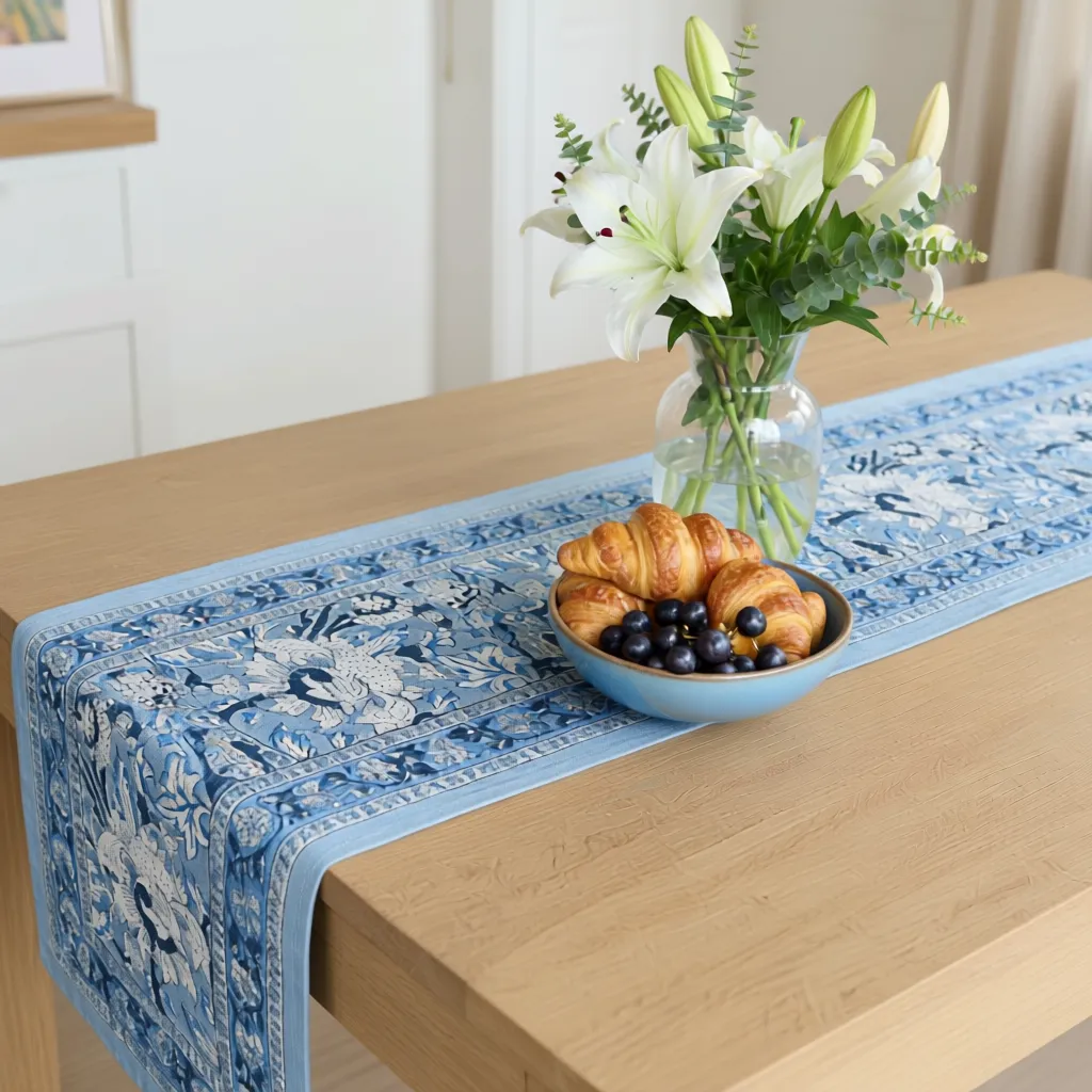 Hand Block Printed Cotton Canvas Table Runner 33x170 cms Amarnath Grey Gud 108994